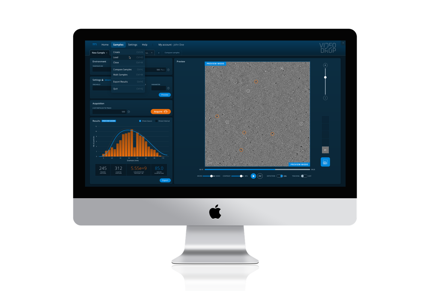 Écran de l'application Videodrop affichant les paramètres d'acquisition, un histogramme de distribution de taille de particules et la prévisualisation vidéo du dispositif de mesure