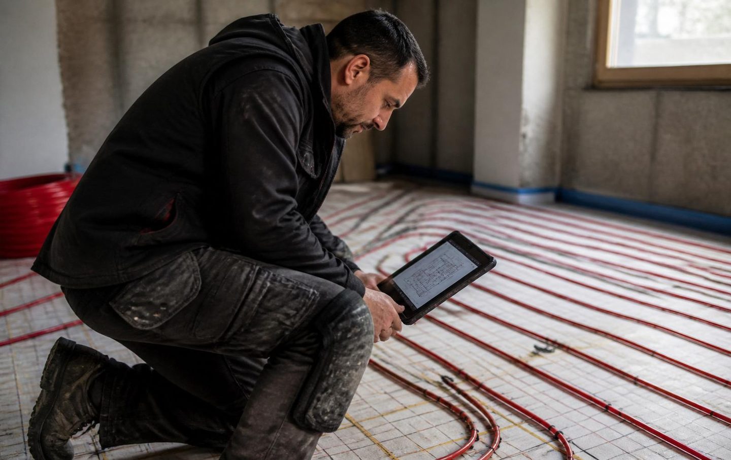 Artisan installateur agenouillé sur un chantier de plancher chauffant, consultant un outil numérique sur tablette pour vérifier les informations techniques