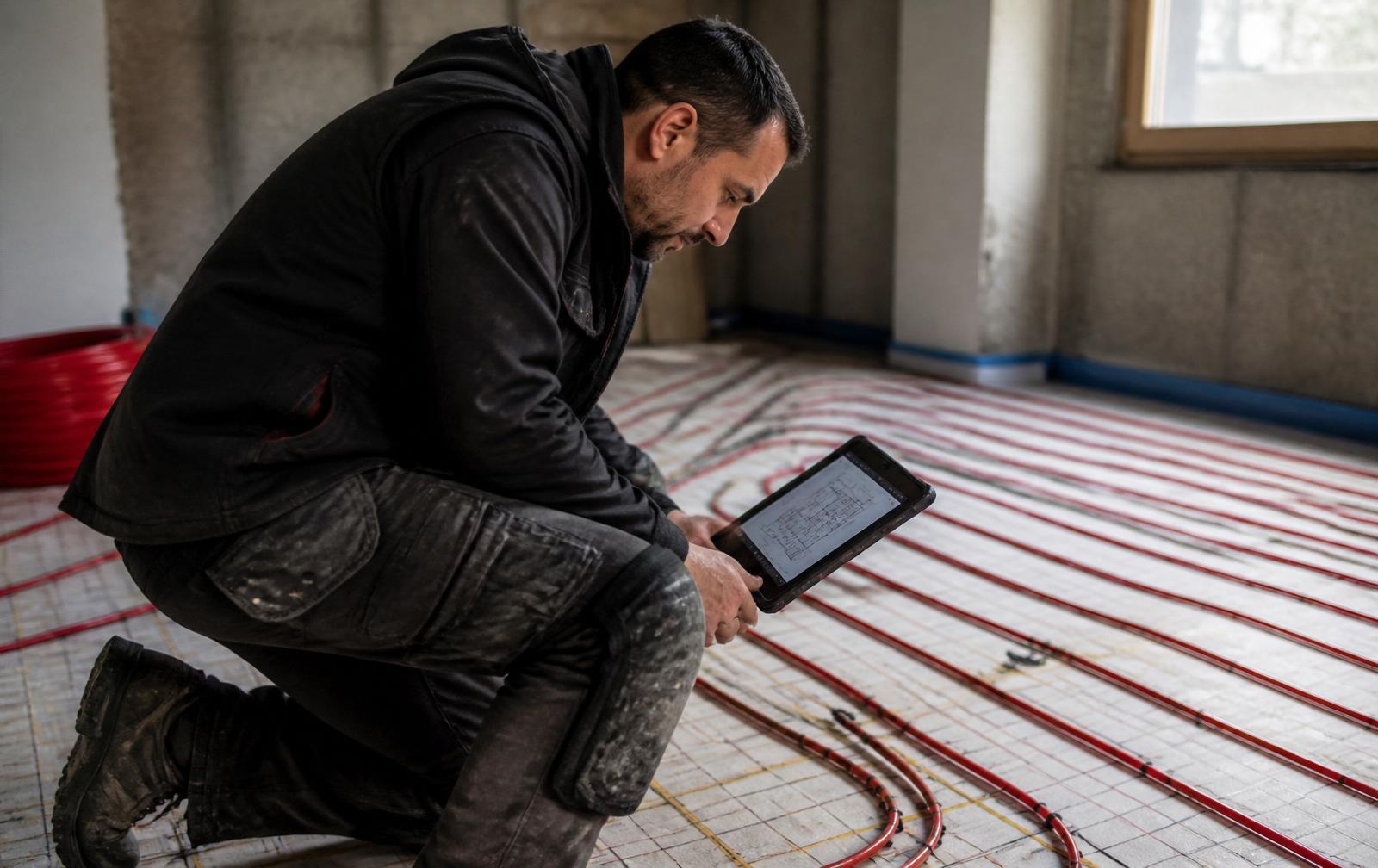 Artisan installateur agenouillé sur un chantier de plancher chauffant, consultant un outil numérique sur tablette pour vérifier les informations techniques